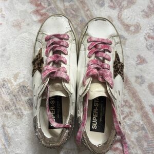Golden Goose White and Pink Sneakers with Leopard Accent